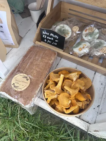 A bowl of mushrooms sits on a table next to a loaf of bread.