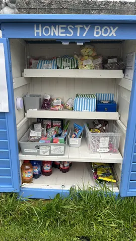 A blue and white shelf with a variety of items on it.