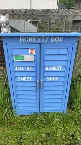 A blue box with the words Honesty Box written on it.