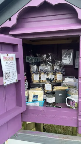 A purple box with a sign that says "no cash accepted" on it.