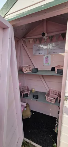 A pink wall with a basket hanging from it.