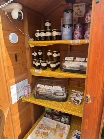 A wooden shelf with various items on it.