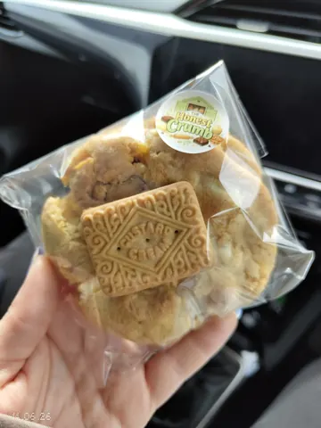 A person is holding a cookie in their hand.
