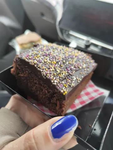 A person is holding a piece of chocolate cake with sprinkles.