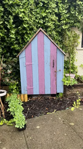 A blue and pink shed with a door.