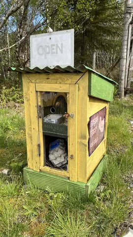 A yellow and green box with a sign that says open.