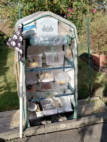 A cart with a green roof and a white sign on it.