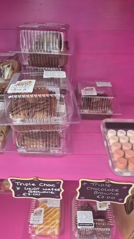 A display of cakes and pastries in plastic containers.
