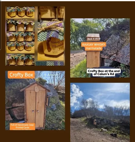 A collection of pictures of a wooden structure with a sign that says Crofty Box.