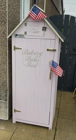 A pink shed with a flag on it.