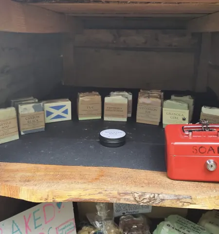 A red box with a black lid.