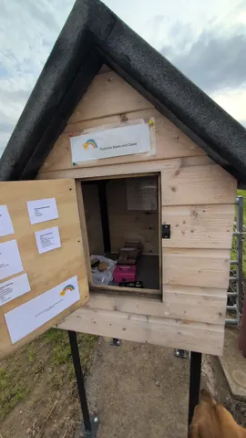 A wooden shed with a sign on it.