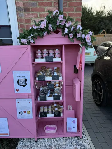 A pink shelf with a bunch of flowers on it.