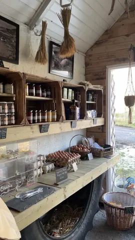 A store with a wooden shelf and a basket of eggs.