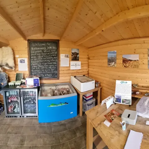 A small wooden cabin with a refrigerator and a freezer inside.