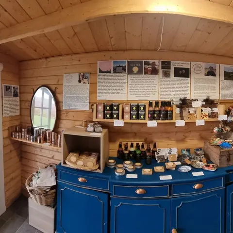 A blue cabinet with a drawer and a shelf of items.