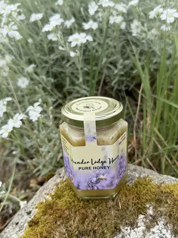 A jar of honey is sitting on a rock.
