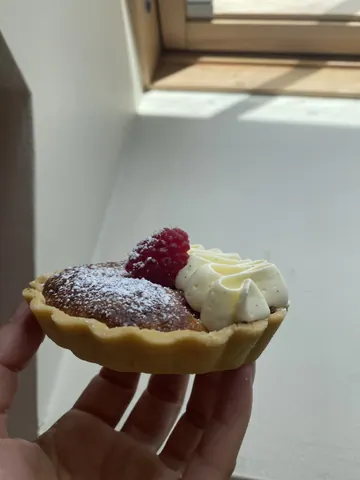 A person is holding a pastry with white frosting and a raspberry on top.