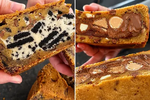 A slice of cake with chocolate and vanilla frosting.