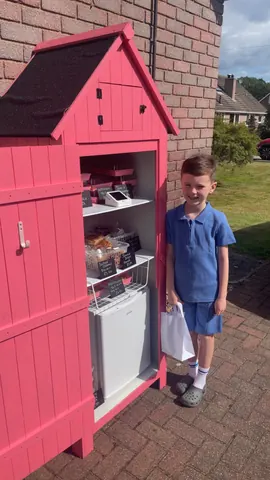 A boy is standing in front of a pink shed.
