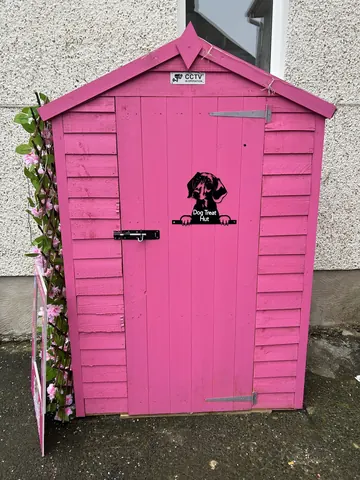 A pink shed with a black door and a white door.