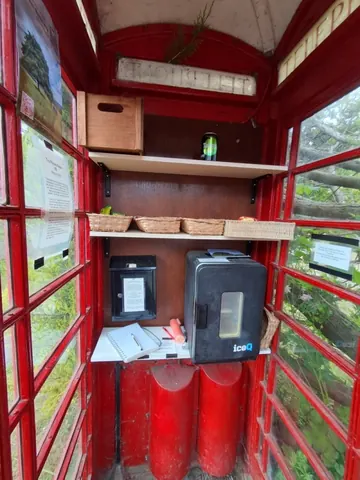 A red telephone booth with a black box inside.