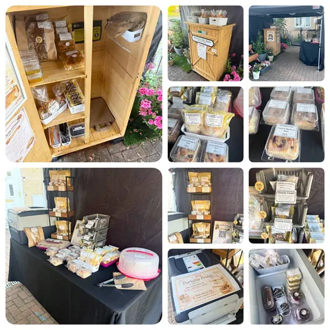A collage of pictures of food and a wooden box.