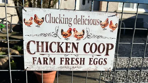 A sign that says "chicken coop" is on a fence.