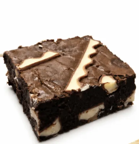 A square piece of chocolate cake with white icing.