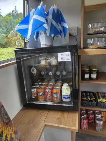 A black refrigerator with a white door and a white and blue flag on the side.