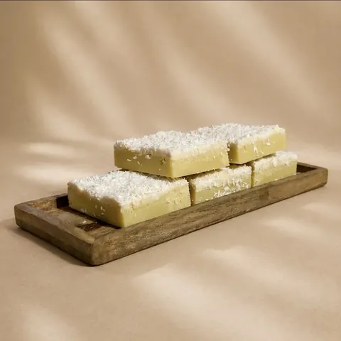 A wooden tray with three desserts on it.