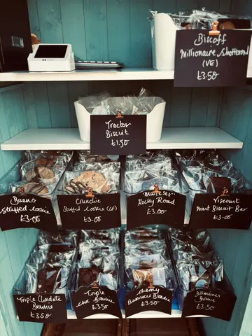 A display of various baked goods in a shop.