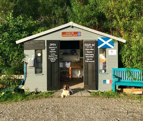 A small building with a dog sitting in front of it.