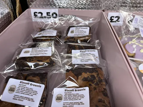 A box of biscott brownies for sale.