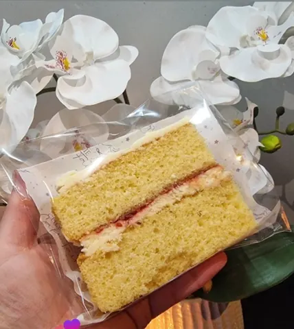 A slice of cake is in a plastic bag.