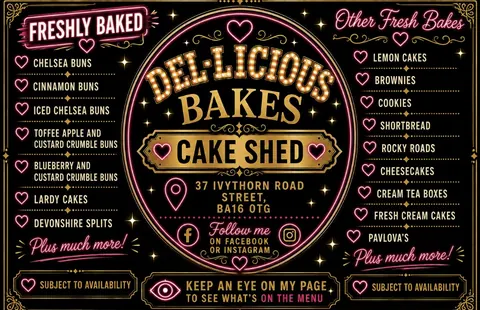 A menu for Delicious Bakes Cake Shed.