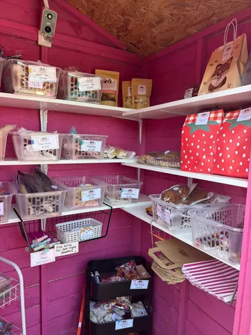 A pink room with a shelf full of food.