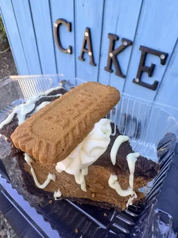 A slice of cake with white frosting and chocolate drizzle.