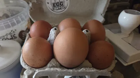 A carton of eggs is sitting on a table.