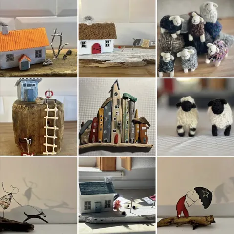 A collage of various items including a cat, sheep, and a house.