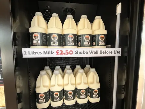 A refrigerator with milk and shakes on display.