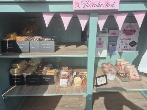 A display of cakes and pastries in a cake shop.