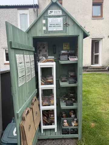 A small green building with a white ladder.
