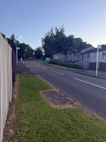 A street with a green grassy area.