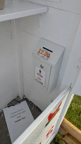 A white box with a sign that says "Please put your money in here".