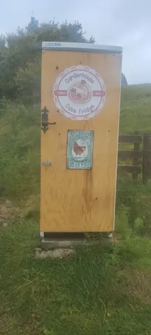 A wooden box with a sign on it that says "Farm Fresh Eggs".