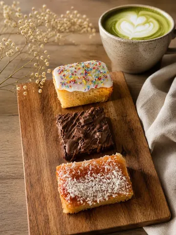 A wooden cutting board with three different desserts on it.
