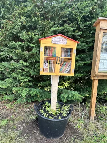 A yellow bookshelf with a black pot underneath it.