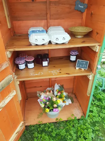 A wooden shelf with eggs and flowers on it.