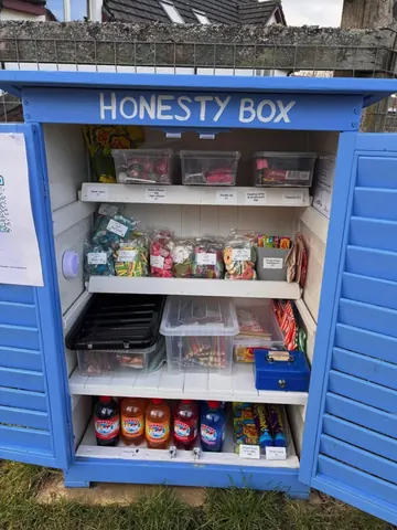 A blue box with a white shelf inside.